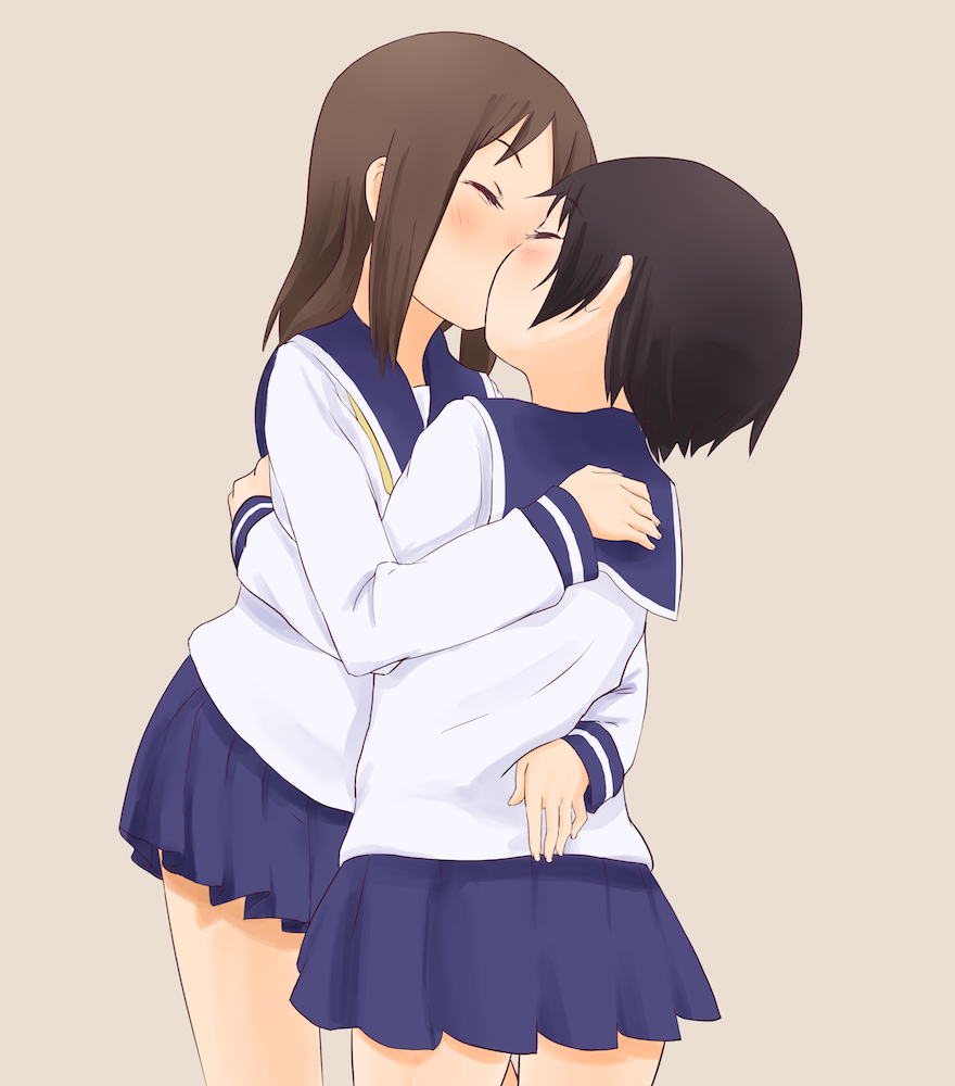 2girls, arms_around_waist, black_hair, blush, brown_hair, closed_eyes, hasegawa_fumi, hug
