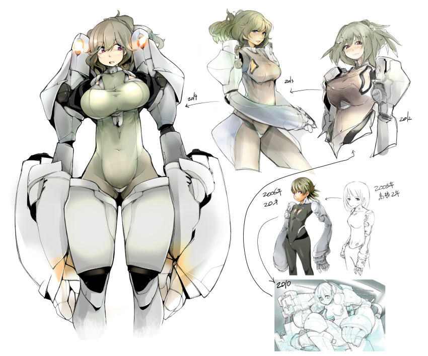 1girl, ass, bodysuit, brown_hair, clothed_navel, gauntlets, green_hair, highres