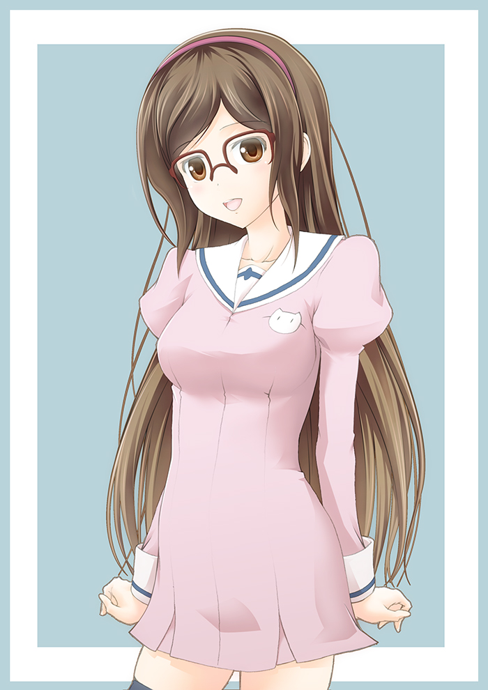 1girl, alternate_hair_length, alternate_hairstyle, brown_eyes, brown_hair, dress, female, glasses