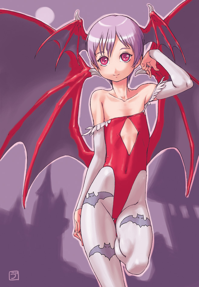 bat_wings, capcom, demon_girl, flat_chest, leotard, lilith_aensland, pantyhose, purple_hair