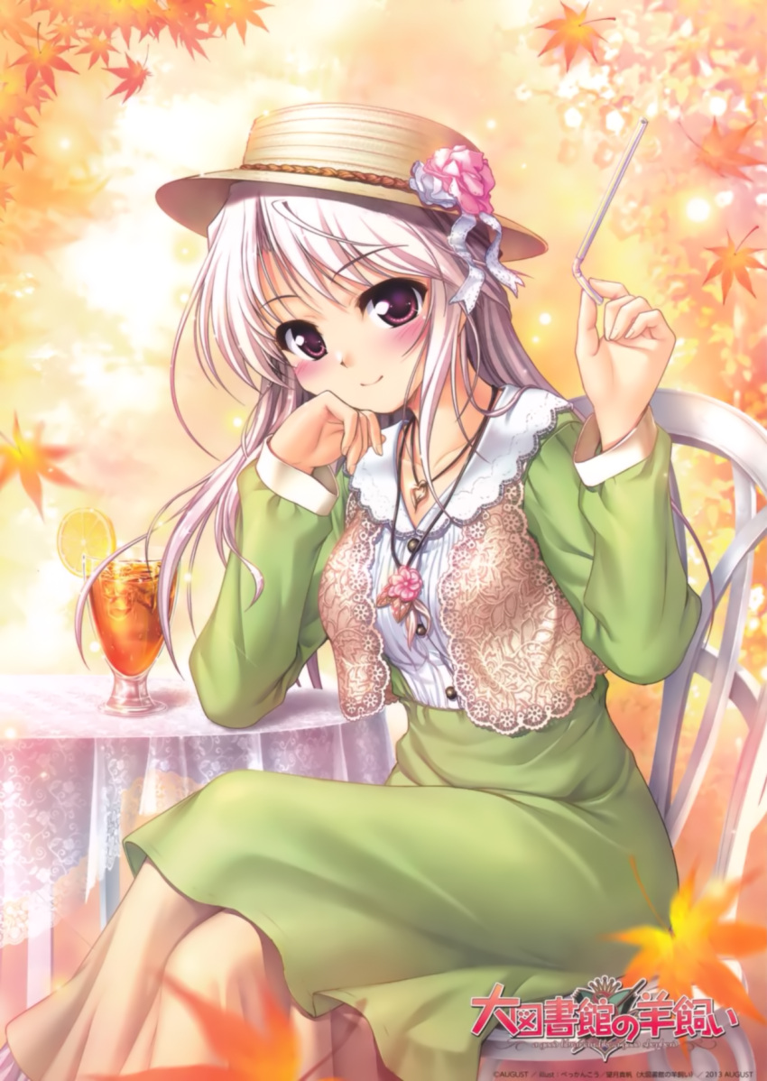 1girl, bekkankou, blazer, chair, crossed_legs, daitoshokan_no_hitsujikai, grey_hair, hat