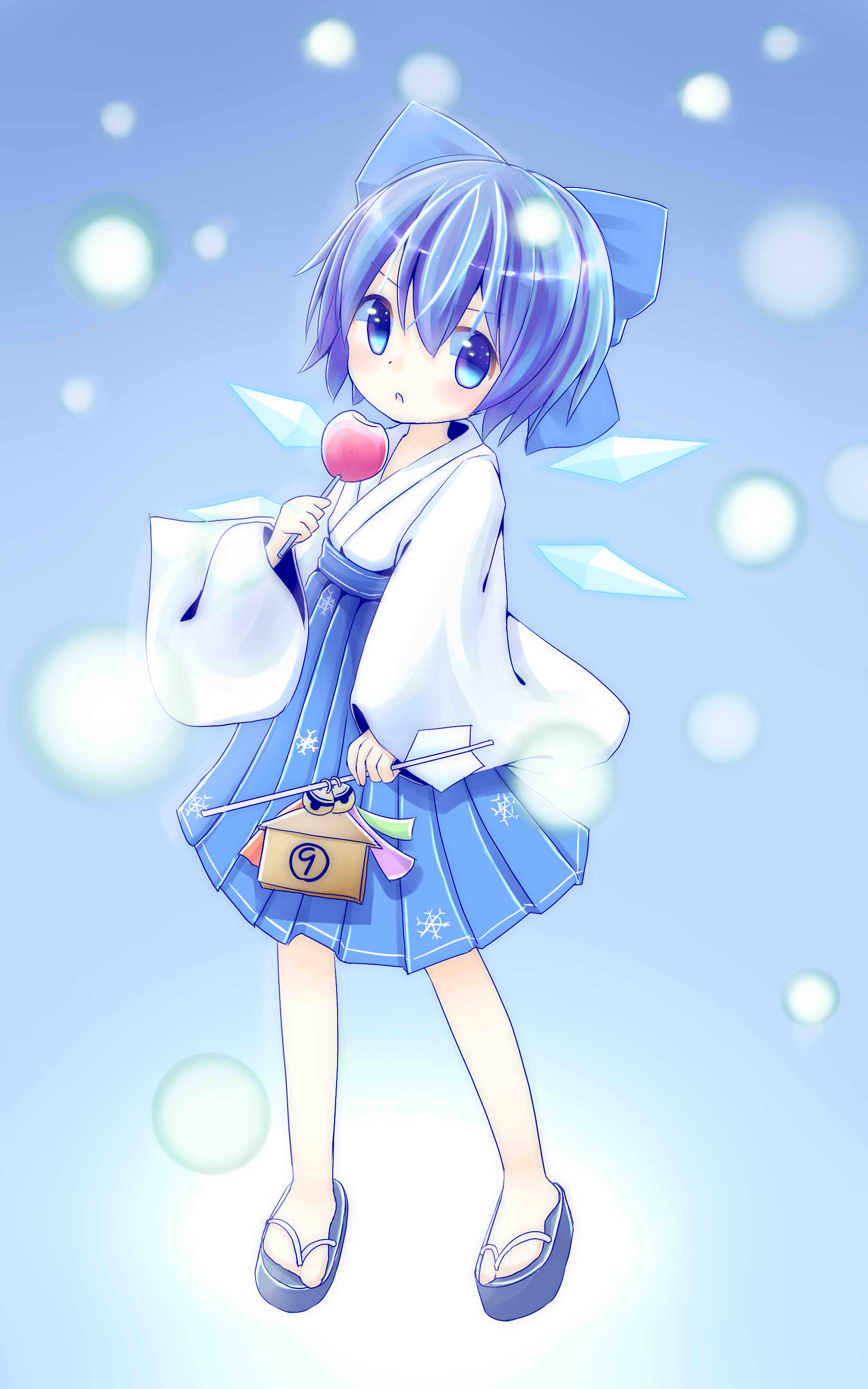 1girl, absurdres, alternate_costume, blue_eyes, blue_hair, candy_apple, choko_(mixberry_parfait), cirno