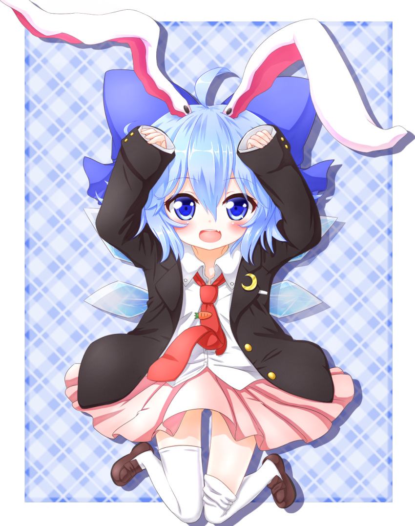 1girl, animal_ears, blue_eyes, blue_hair, blush, bow, cirno, fang