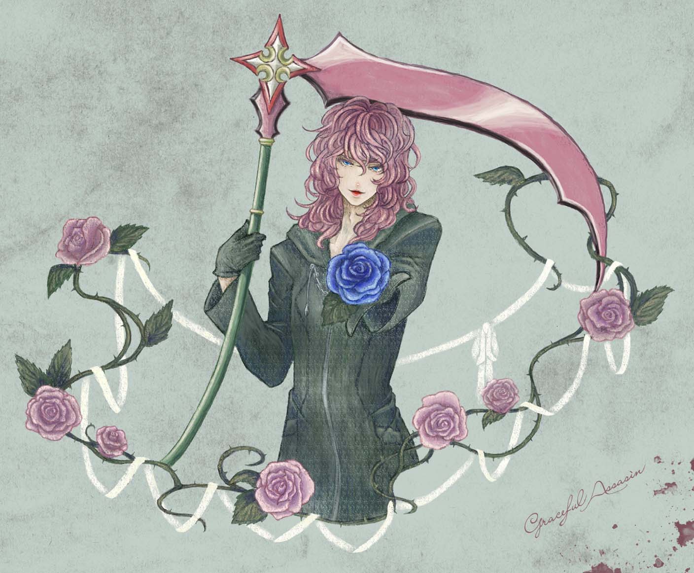 1boy, blue_eyes, flower, gloves, kingdom_hearts, long_hair, marluxia, pink_hair, scythe, seimoku