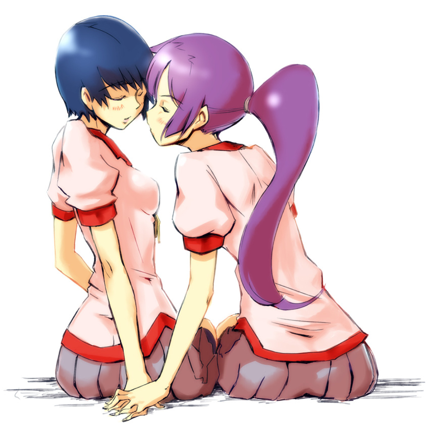 bakemonogatari, blush, closed_eyes, highres, holding_hands, incipient_kiss, kanbaru_suruga, miyatsuka_ringorou
