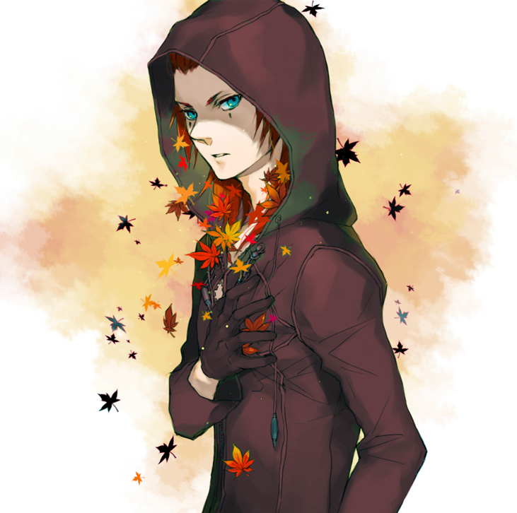 1boy, axel, cloak, facial_mark, gloves, green_eyes, hooded, kikori_(soranoura), kingdom_hearts, leaf, redhead, solo