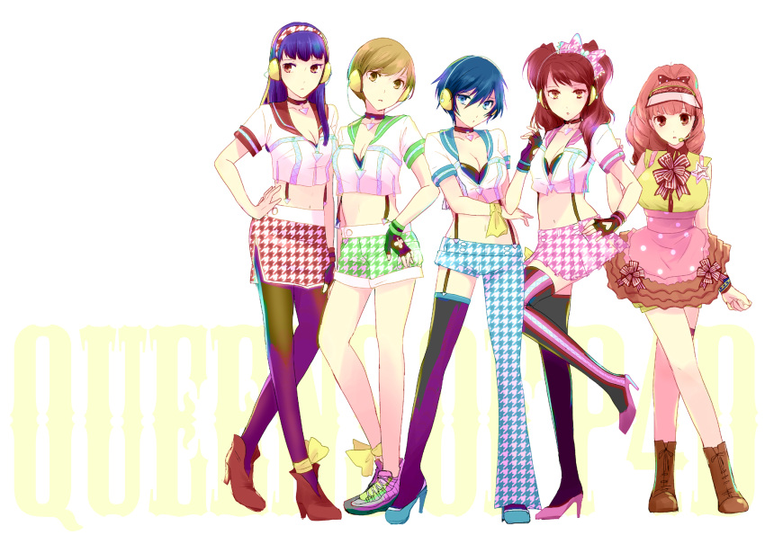 5girls, alternate_costume, amagi_yukiko, ankle_ribbon, asymmetrical_clothes, asymmetrical_legwear, black_hair, blue_eyes
