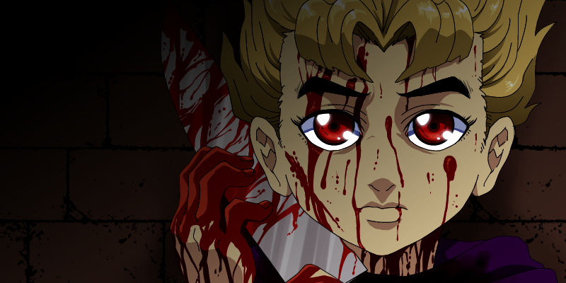 1boy, blonde_hair, blood, blood_on_face, bloody_hands, bloody_knife, butcher_knife, hirose_kouichi