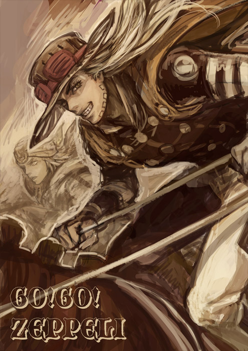 2boys, beard, blonde_hair, brown_eyes, cape, facial_hair, gyro_zeppeli, hat