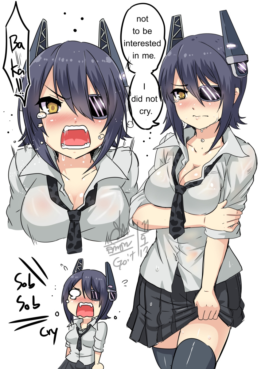 1girl, blush, breasts, cleavage, engrish, eyepatch, go-it, headgear
