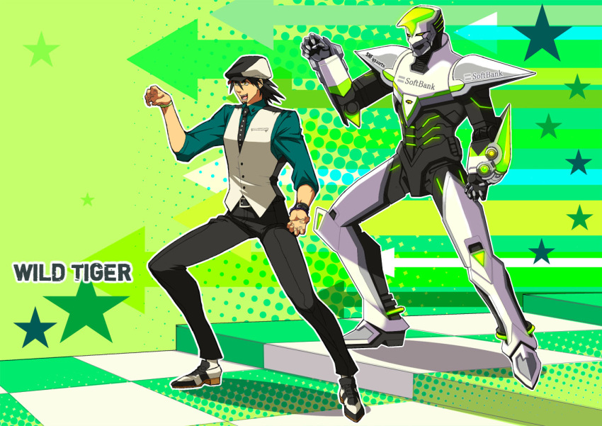 2boys, brown_eyes, brown_hair, cabbie_hat, dual_persona, facial_hair, hat, kaburagi_t_kotetsu, multiple_boys, necktie, power_armor, power_suit, stubble, superhero, tiger_&amp;_bunny, tktg, vest, waistcoat, wild_tiger