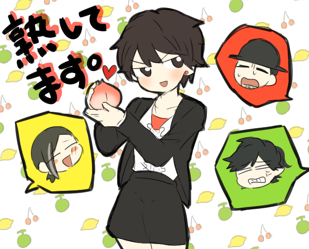 1girl, 3boys, =_=, ^_^, anger_vein, black_eyes, black_hair, cherry, closed_eyes, earrings, female, food, fruit, hat, heart, jewelry, kamen_rider, kamen_rider_gaim_(series), kureshima_takatora, lemon, male, melon, minato_youko, multiple_boys, open_mouth, peach, sengoku_ryouma, short_hair, sid_(gaim), skirt, smile