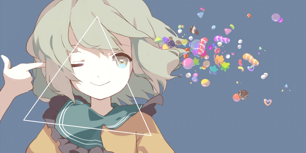 1girl, collar, finger_gun, komeiji_koishi, maiwetea, smile, solo, sweets, touhou, triangle, wink