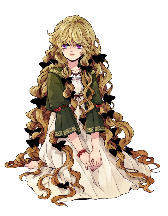 1girl, bangs, barefoot, bow, bracelet, brown_hair, dress, frills, hair_bow, hair_ribbon, hands_clasped, jewelry, liddle, long_hair, looking_away, original, ribbon, sitting, solo, very_long_hair, violet_eyes, wariza, wavy_hair, white_background