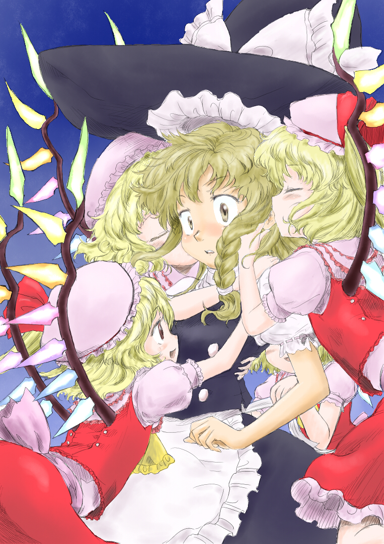 blonde_hair, braid, clone, flandre_scarlet, hat, hug, kirisame_marisa, kiss