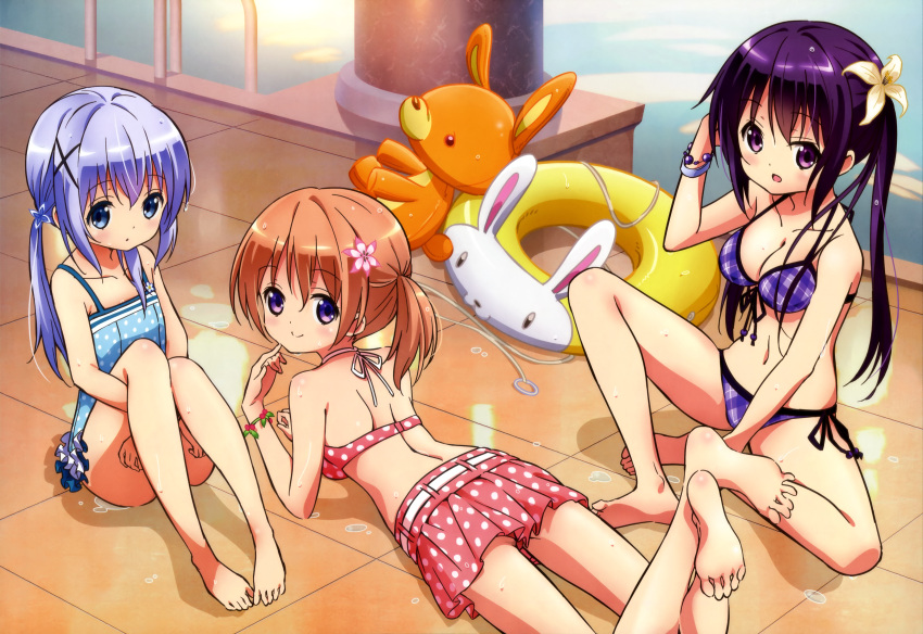 3girls, absurdres, bikini, blue_eyes, blue_hair, breasts, brown_hair, cleavage, feet, flower, gochuumon_wa_usagi_desuka?, hair_flower, hair_ornament, highres, hoto_kokoa, innertube, kafuu_chino, leg_hug, legs, long_hair, looking_back, lying, multiple_girls, nyantype, official_art, on_stomach, pool, poolside, purple_hair, side_ponytail, smile, swimsuit, tedeza_rize, twintails, violet_eyes, water, wet