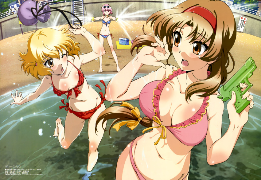 3girls, absurdres, beach, bikini, blonde_hair, blush, breasts, brown_eyes