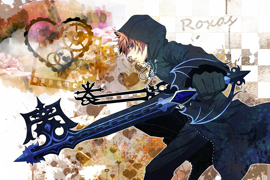1boy, blonde_hair, blue_eyes, bunta01, cloak, gloves, hooded, keyblade