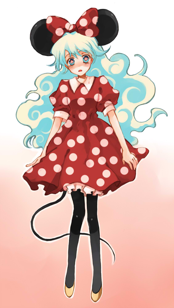 animal_ears, bloomers, cosplay, dameaki, disney, dress, kemonomimi_mode, long_hair, minnie_mouse, minnie_mouse_(cosplay), mouse_ears, mouse_tail, nia_teppelin, pantyhose, polka_dot, solo, standing, tail, tengen_toppa_gurren_lagann, very_long_hair
