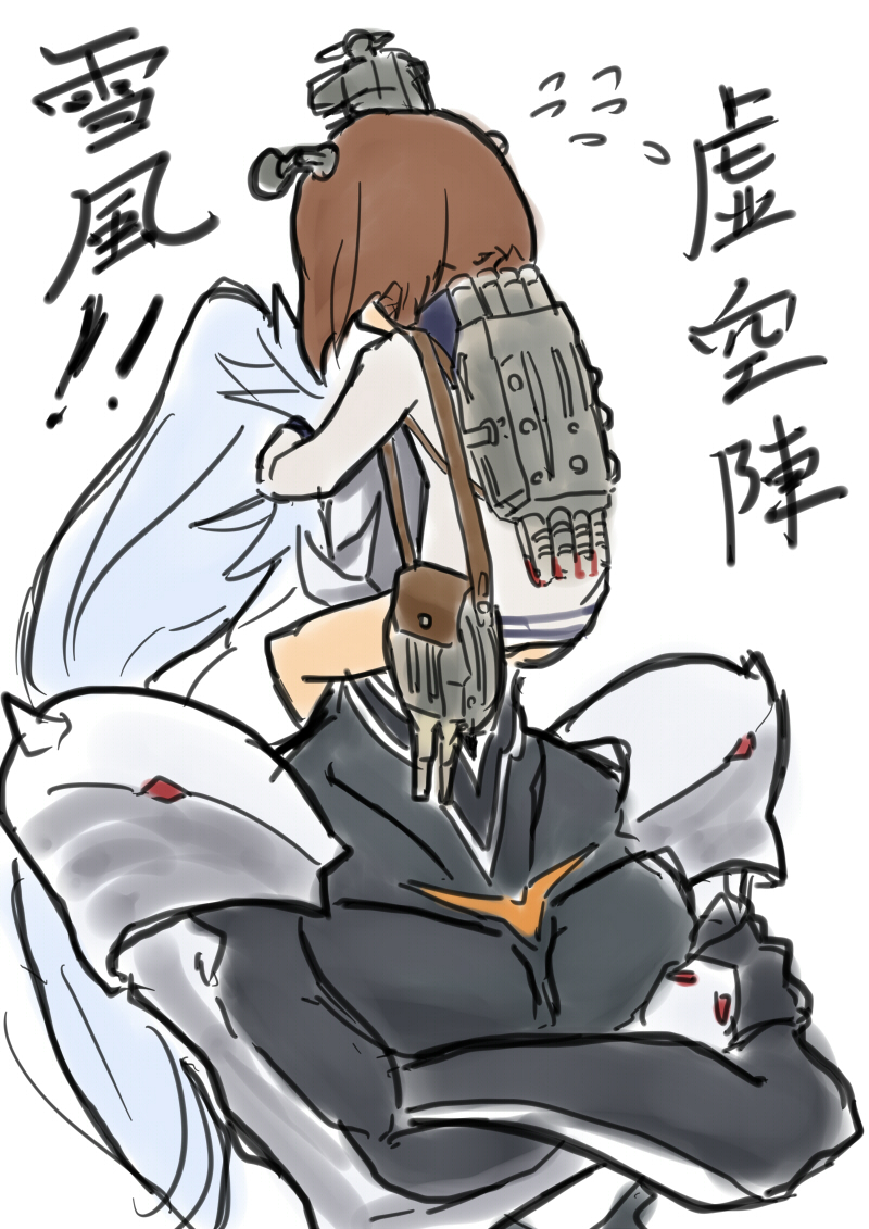 1boy, 1girl, blazblue, brown_hair, crossed_arms, crossover, face_hug, hakumen
