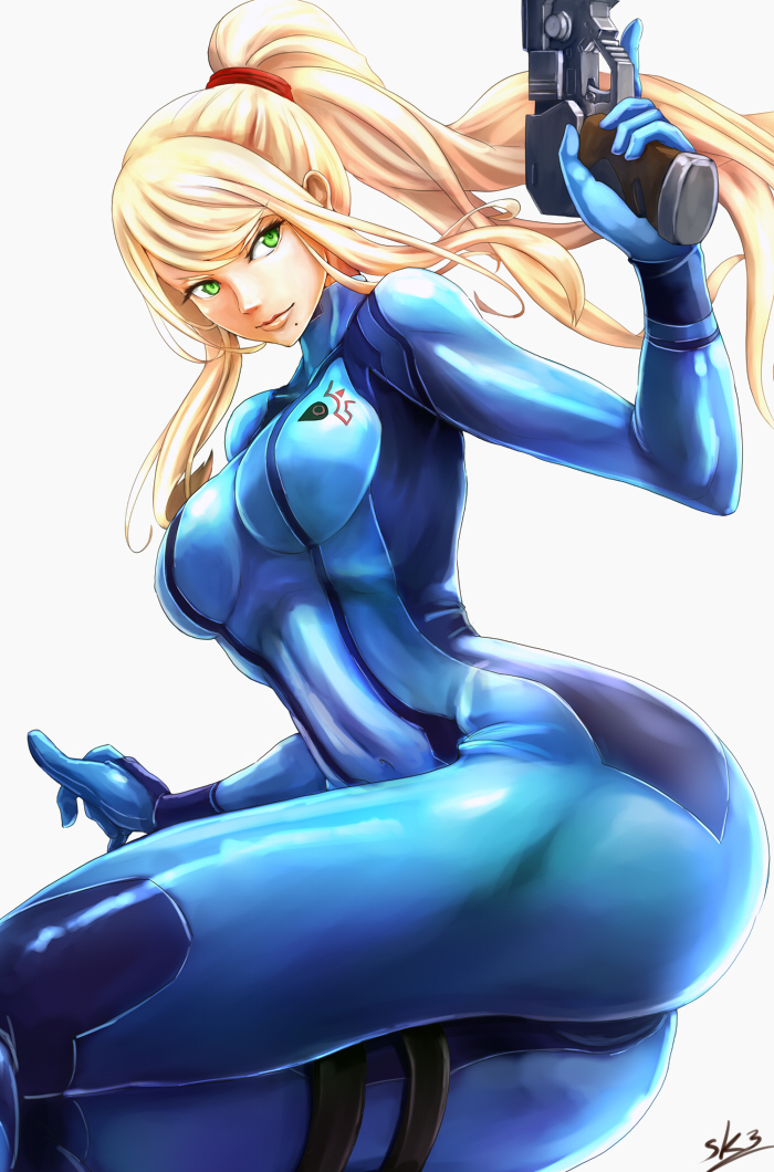 1girl, blonde_hair, bodysuit, breasts, clothed_navel, female, green_eyes, gun