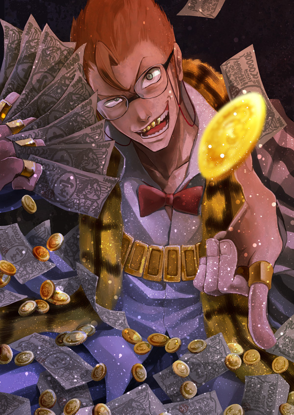 1boy, bowtie, coin, glasses, gold_teeth, jewelry, kill_la_kill, male, money, nug, orange_hair, ring, solo, takakura, takarada_kaneo
