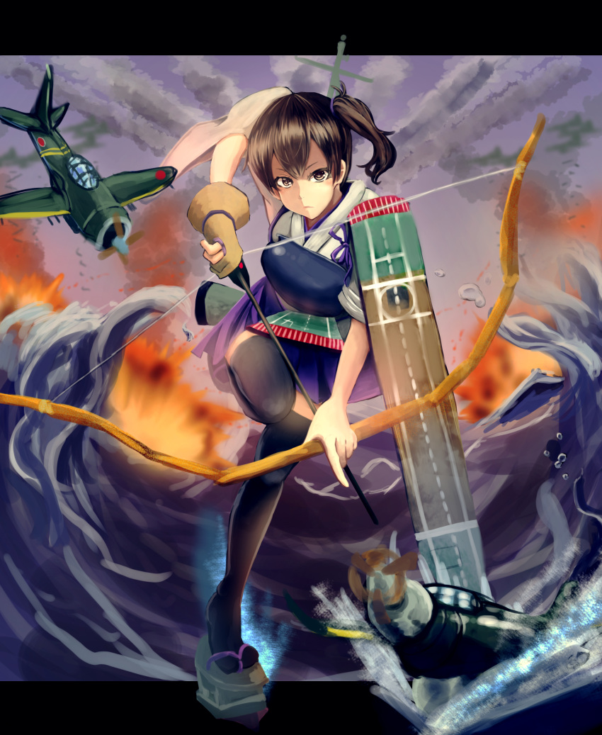 1girl, absurdres, airplane, archery, blush, boots, bow_(weapon), brown_eyes