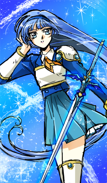 1girl, blue_eyes, blue_hair, long_hair, magic_knight_rayearth, pleated_skirt, ryuuzaki_umi, school_uniform