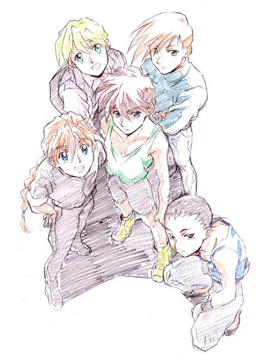 5boys, bike_shorts, black_eyes, black_hair, blonde_hair, blue_eyes, braid, brown_eyes