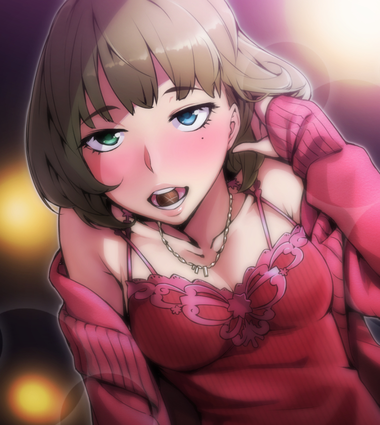 1girl, adjusting_hair, bare_shoulders, blue_eyes, blush, breasts, brown_hair, chocolate