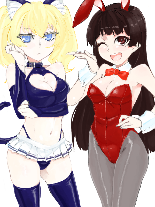 2girls, animal_ears, black_hair, blonde_hair, blue_eyes, blush, bowtie, breasts, bridal_gauntlets, brown_eyes, bunnysuit, cat_ears, cleavage_cutout, detached_collar, himenokouji_akiko, long_hair, meshiya, multiple_girls, nasuhara_anastasia, onii-chan_dakedo_ai_sae_areba_kankeinai_yo_ne, open_mouth, panties, pantyhose, rabbit_ears, simple_background, smile, tail, thighhighs, twintails, underwear, white_background, wink, wrist_cuffs