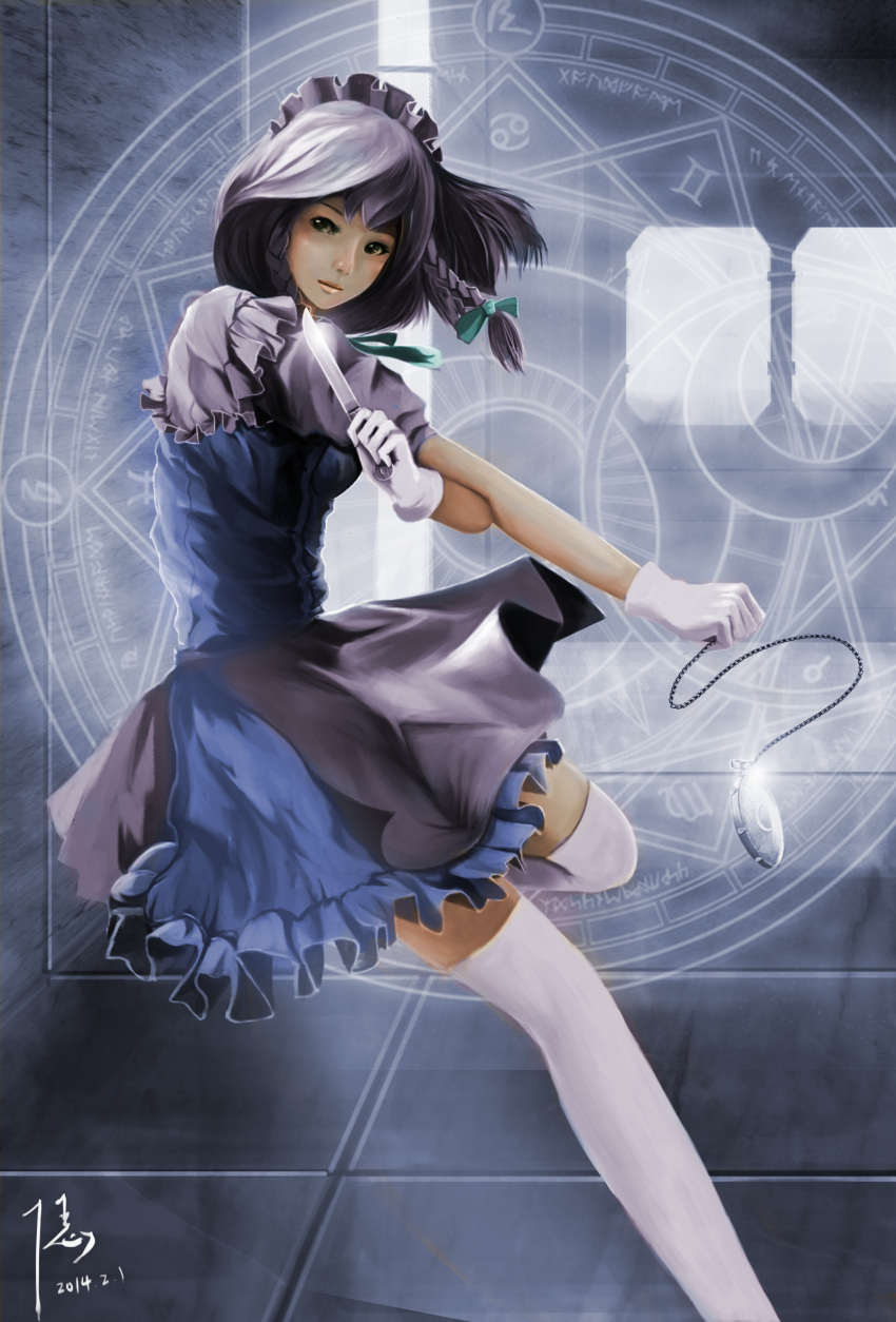 1girl, apron, bow, braid, chain, dated, diandianzai, expressionless
