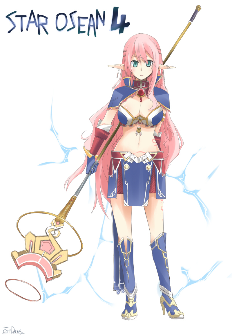 cleavage, dama, earrings, elf, engrish, gloves, green_eyes, jewelry