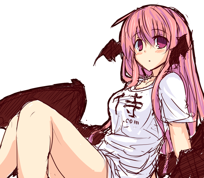 1girl, bare_legs, bat_wings, blush, head_wings, koakuma, long_hair, looking_at_viewer, naked_shirt, pandamonium, red_eyes, redhead, rough, simple_background, solo, touhou, translation_request, white_background, wings