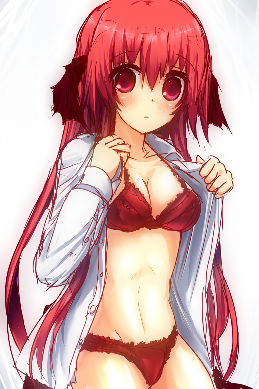 1girl, absurdres, bat_wings, blush, bra, breasts, cleavage, dress_shirt, head_wings, highres, koakuma, long_hair, looking_at_viewer, open_clothes, open_shirt, pandamonium, panties, red_bra, red_eyes, red_panties, redhead, rough, shirt, simple_background, solo, touhou, underwear, white_background, wings