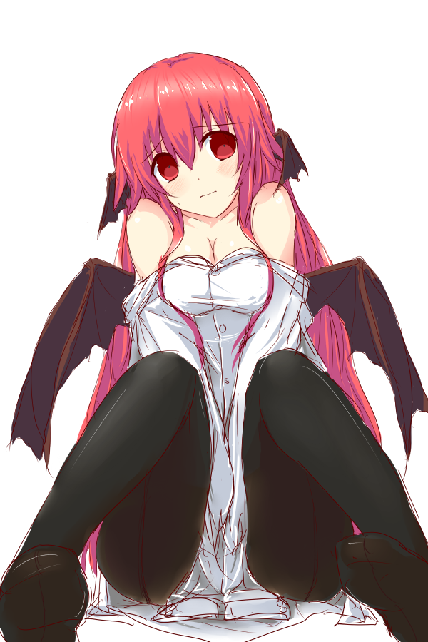1girl, bare_shoulders, bat_wings, black_legwear, blush, breasts, cleavage, dress_shirt
