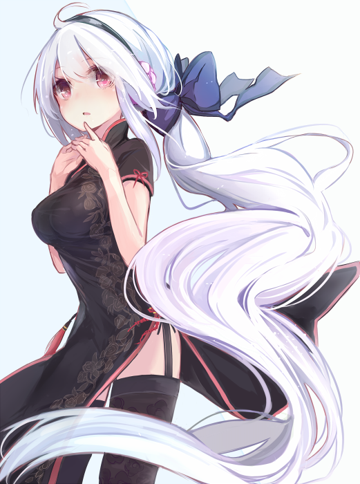 1girl, ahoge, black_legwear, breasts, china_dress, chinese_clothes, garter_straps, kojiki-life