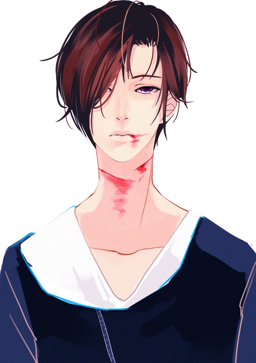 1boy, blood, blood_on_face, cuts, expressionless, hair_over_one_eye, highres, injury