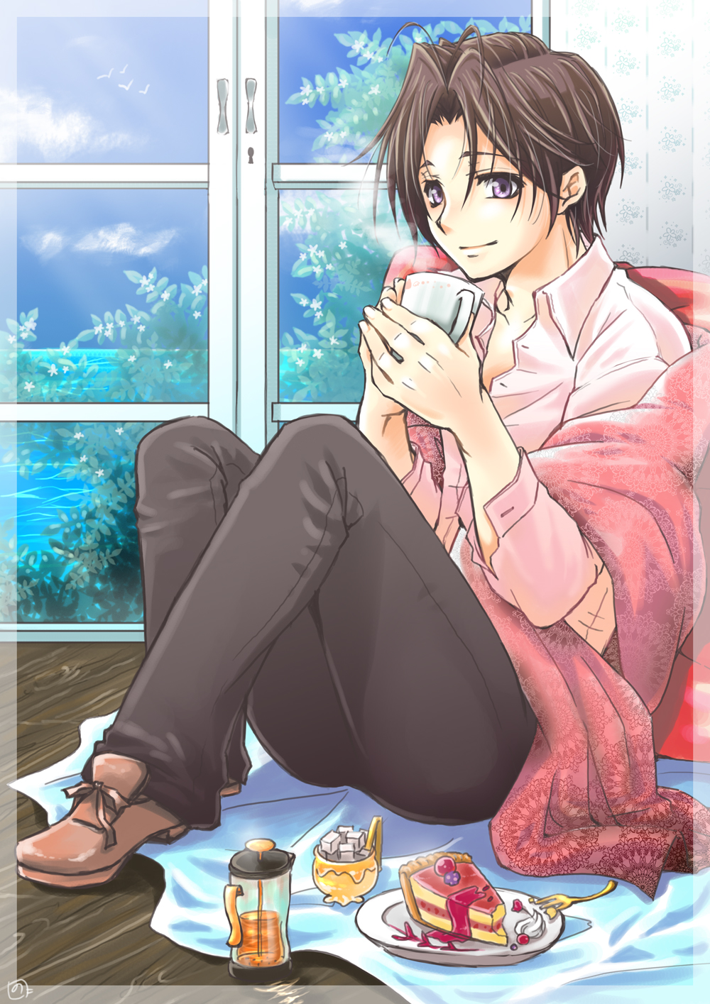 1boy, blanket, brown_hair, cake, cup, food, full_body, highres
