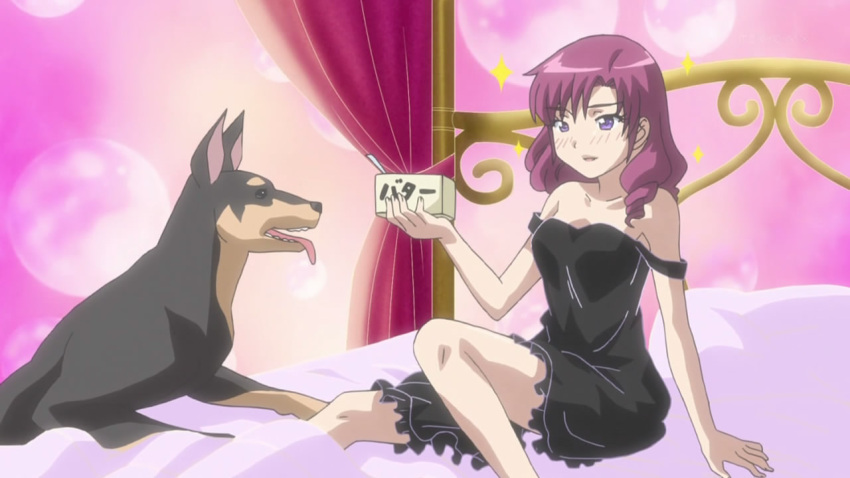 1girl, b-gata_h-kei, bed, blush, curly_hair, dog, dress, kanejou_kyouka, long_hair, purple_eyes, red_hair, screencap, solo, sparkle