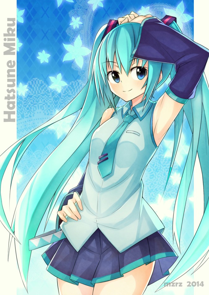 1girl, 2014, aqua_hair, arm_up, artist_name, blue_eyes, character_name, detached_sleeves, hand_on_hip, hatsune_miku, long_hair, mzrz, necktie, skirt, smile, solo, twintails, very_long_hair, vocaloid