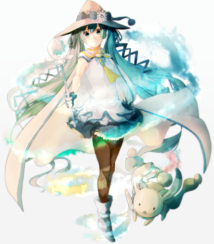 1girl, aqua_eyes, aqua_hair, cape, fingerless_gloves, gloves, hat, hatsune_miku, highres, keshitsubu, long_hair, magical_girl, pantyhose, rabbit, skirt, snowflakes, solo, twintails, very_long_hair, vocaloid, wand, witch_hat, yuki_miku