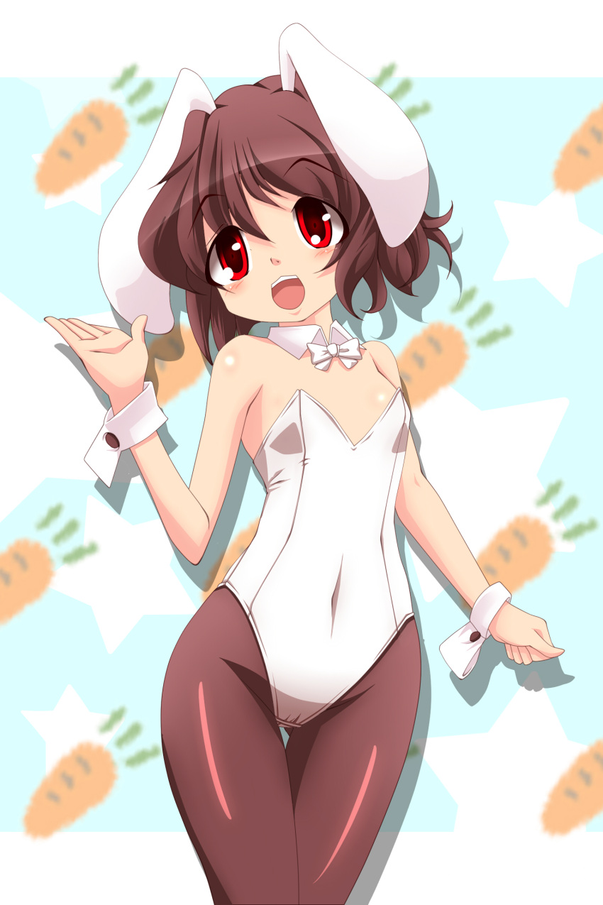 1girl, absurdres, animal_ears, black_legwear, blush, brown_hair, bunnysuit, carrot