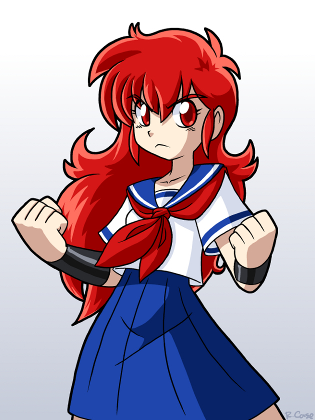 1girl, clenched_hands, long_hair, magami_eiko, project_a-ko, red_eyes, redhead, robert_j_case