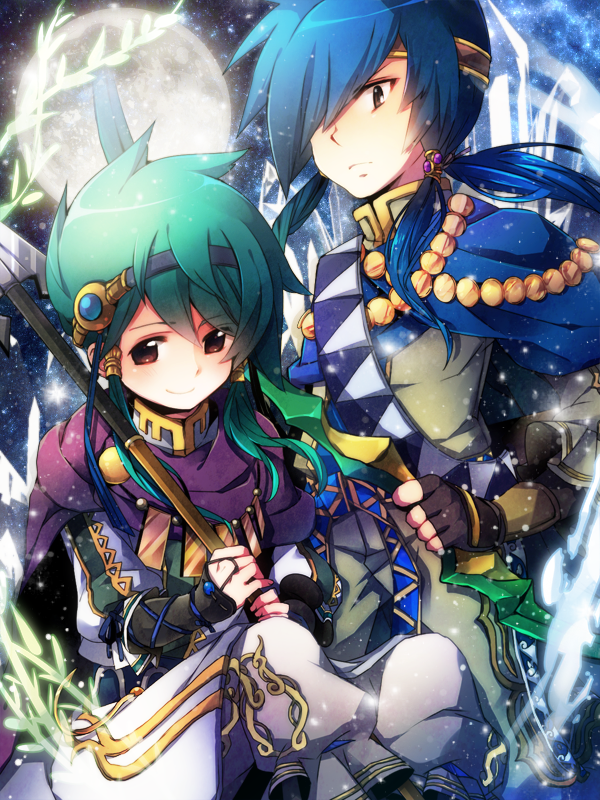 2boys, aqua_hair, blue_hair, bow_(weapon), brown_eyes, hair_ornament, hair_over_one_eye, long_hair, multiple_boys, payot, polearm, ponytail, puzzle_&amp;_dragons, smile, spear, tokiruki_akiru, umisachi&amp;yamasachi, weapon