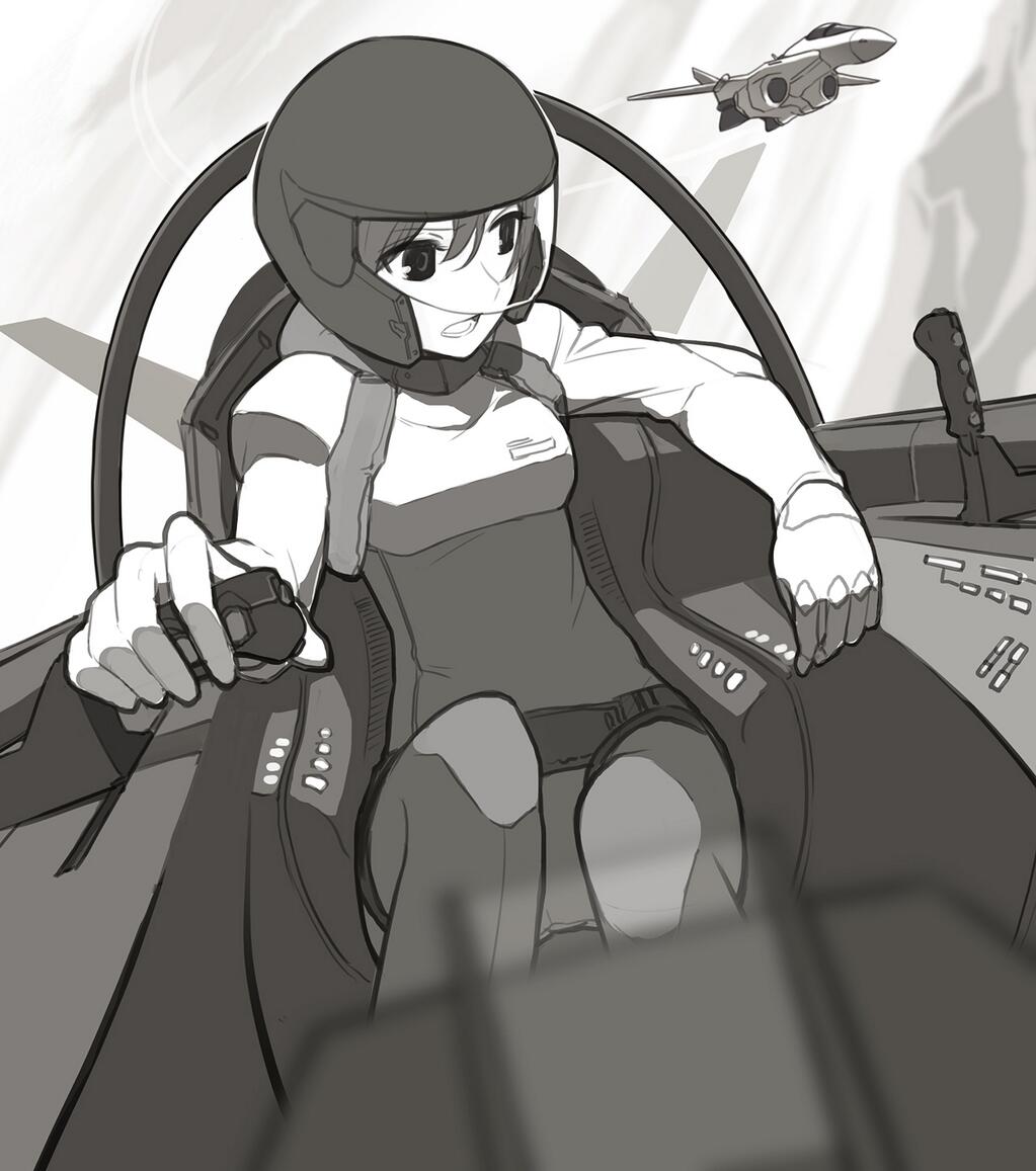 1girl, airplane, blurry, cockpit, commentary_request, depth_of_field, facing_viewer, fighter_jet