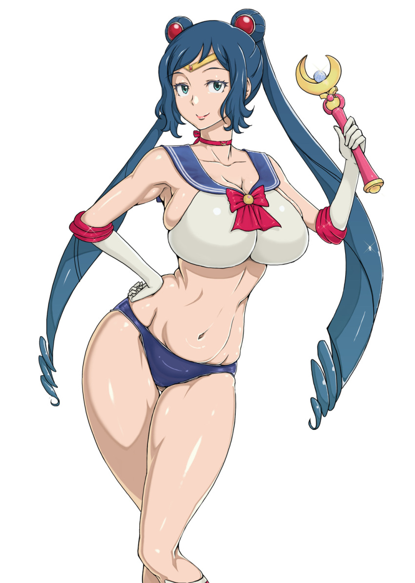 1girl, ao_madou_ko, bishoujo_senshi_sailor_moon, blue_eyes, blue_hair, breasts, cleavage, double_bun, drill_hair, elbow_gloves, gloves, gundam, gundam_build_fighters, hand_on_hip, highres, iori_rinko, large_breasts, long_hair, sailor_moon, sailor_moon_(cosplay), seiyuu_connection, simple_background, smile, solo, tiara, twin_drills, very_long_hair, wand, white_background