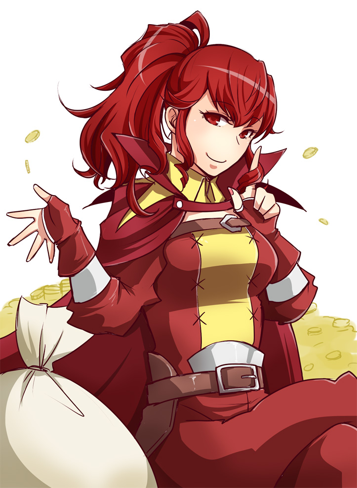 1girl, anna_(fire_emblem), breasts, cape, fingerless_gloves, fire_emblem, fire_emblem:_kakusei, gloves, long_hair, ponytail, red_eyes, redhead, shougayaki_(kabayaki_3), smile, solo