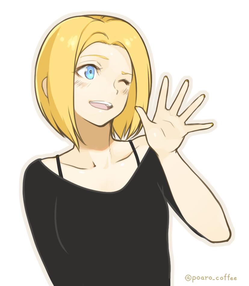 1girl, alternate_costume, alternate_hairstyle, black_shirt, blonde_hair, blue_eyes, blush, commentary_request, eyelashes, fingernails, kagamine_rin, looking_to_side, older, outline, poaro, short_hair, simple_background, solo, strap, twitter_username, vocaloid, waving, white_background, wink