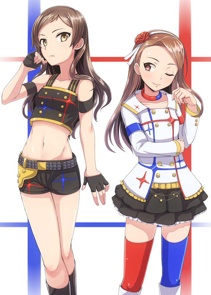 2girls, brown_hair, dan_(orange_train), fingerless_gloves, flower, flower_on_head, gloves, hairband, idolmaster, idolmaster_million_live!, idolmaster_movie, jewelry, kitazawa_shiho, long_hair, midriff, minase_iori, mismatched_legwear, multiple_girls, navel, necklace, red_eyes, smile, starpiece_memories, thighhighs, wink, yellow_eyes, zettai_ryouiki
